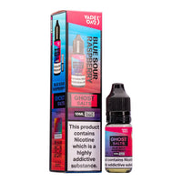 A 10ml bottle of Ghost Nic Salts in  Blue Sour Raspberry, designed for a smooth and satisfying nicotine salt vaping experience.