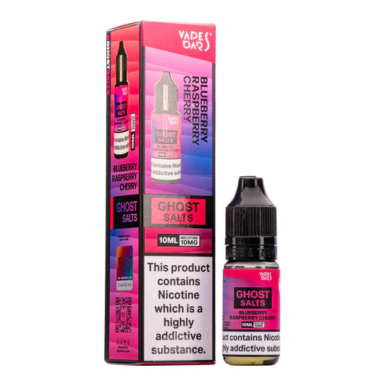 A 10ml bottle of Ghost Nic Salts in  Blueberry Raspberry Cherry, designed for a smooth and satisfying nicotine salt vaping experience.