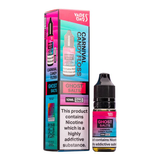 A 10ml bottle of Ghost Nic Salts in Carnival Candy Floss, designed for a smooth and satisfying nicotine salt vaping experience.