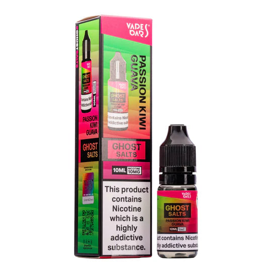 A 10ml bottle of Ghost Nic Salts in Passion Kiwi Guava, designed for a smooth and satisfying nicotine salt vaping experience.