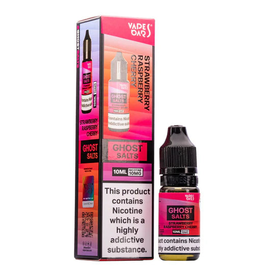 A 10ml bottle of Ghost Nic Salts in Strawberry Raspberry Cherry, designed for a smooth and satisfying nicotine salt vaping experience.