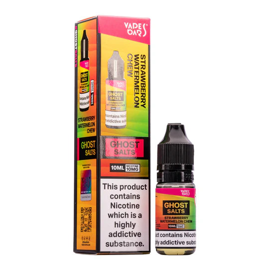 A 10ml bottle of Ghost Nic Salts in Strawberry Watermelon Chew, designed for a smooth and satisfying nicotine salt vaping experience.