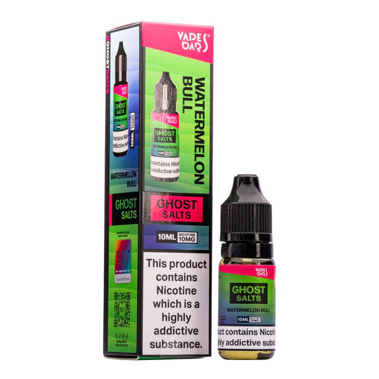 A 10ml bottle of Ghost Nic Salts in Watermelon Bull, designed for a smooth and satisfying nicotine salt vaping experience.