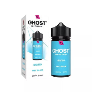 Vapes Bars Ghost 100ml 50/50 Shortfill vape juice mr blue flavour perfect for refillable pod vape kits and MTL Vape tanks