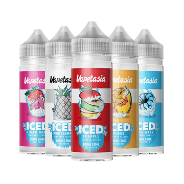 Vapetasia Iced e-liquids in five flavours: Straw Guaw, White Gummy, Trapple, Mango, Blue Razz.