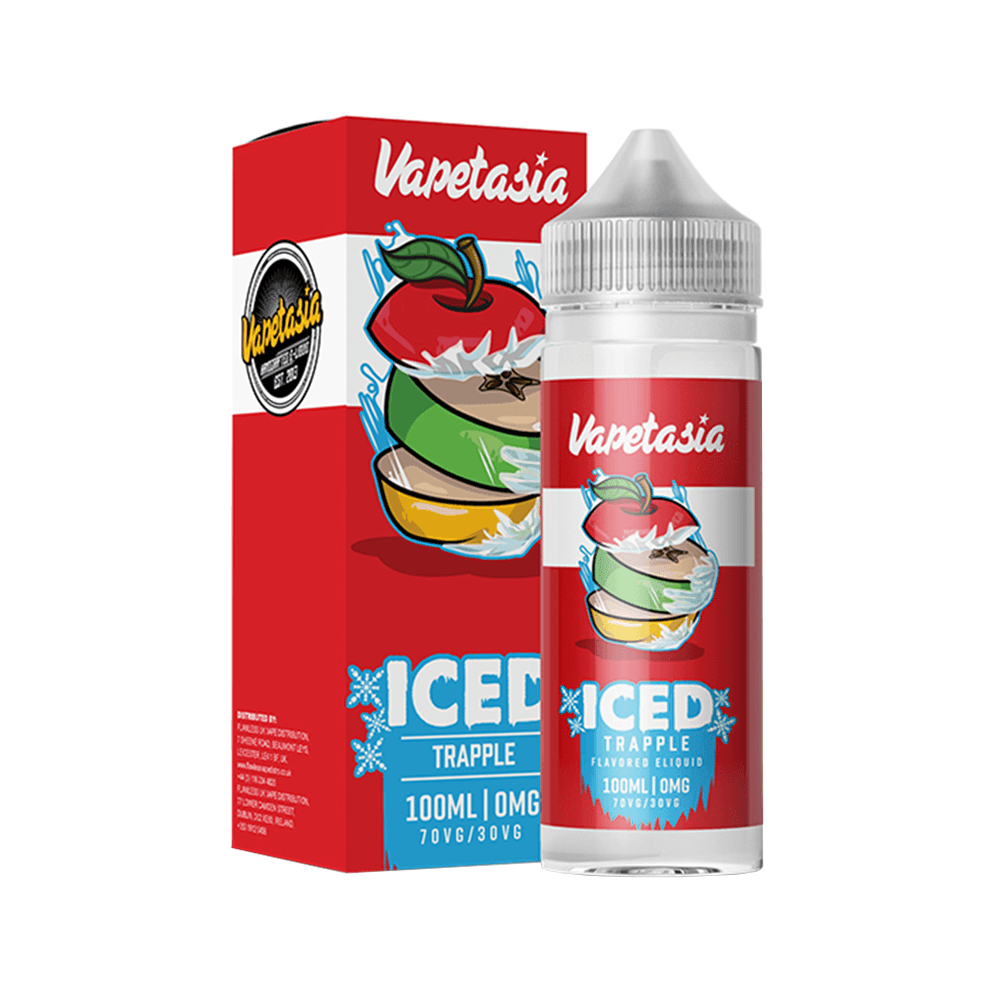 Vapetasia Iced Trapple e-liquid bottle and box with apple and ice graphics.