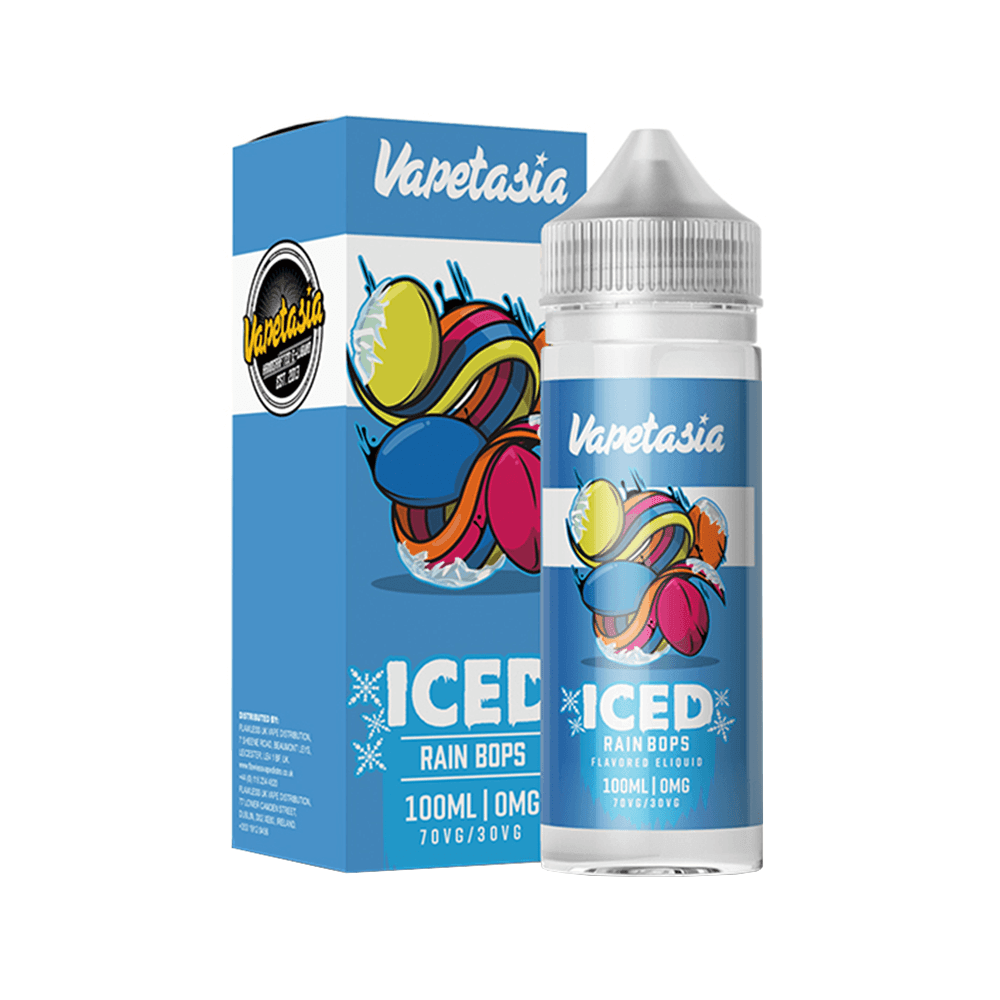 Vapetasia Iced Rain Bops 100ml shortfill bottle and box in blue packaging.