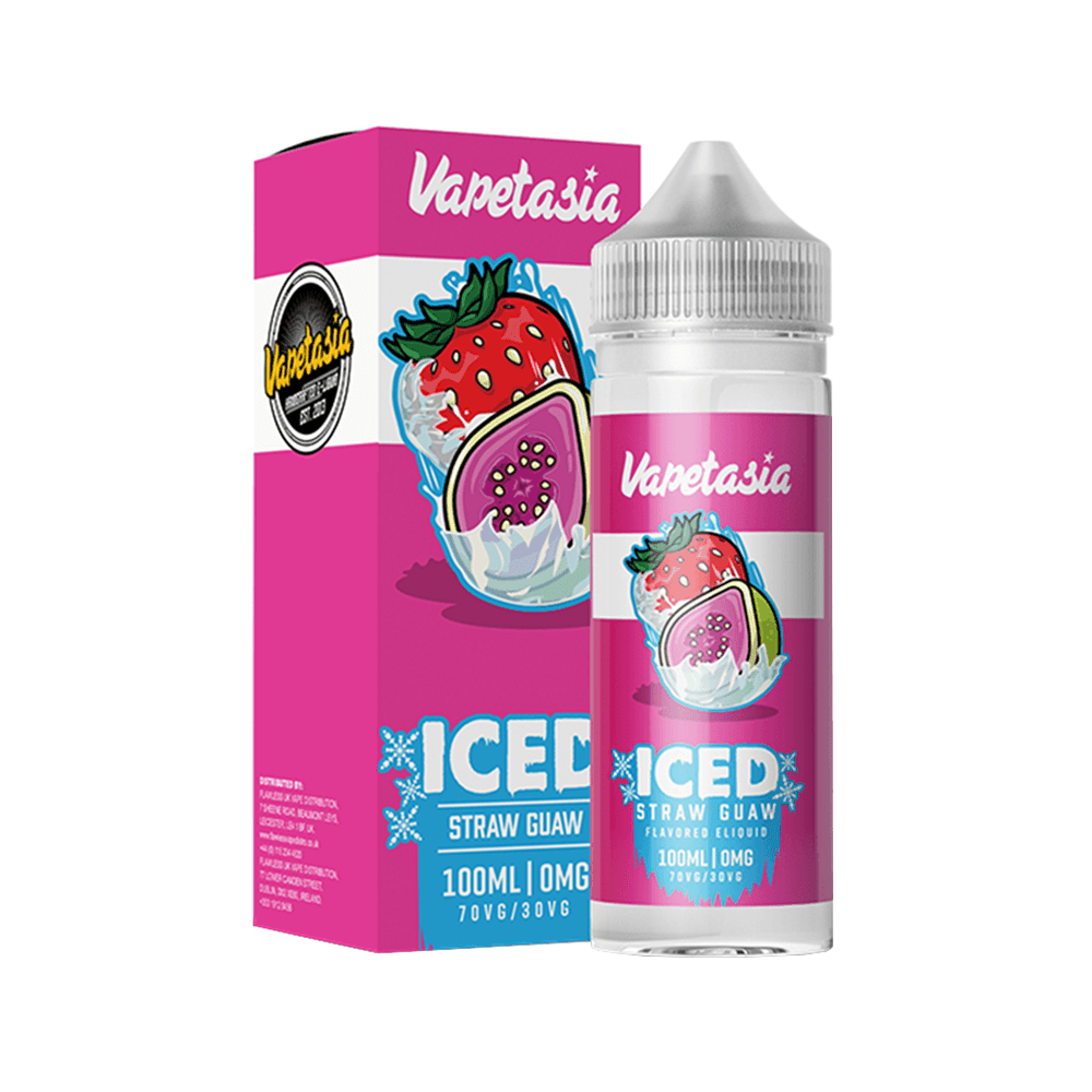 Vapetasia Iced Straw Guaw 100ml shortfill bottle with vibrant packaging.