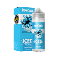 Vapetasia Iced Blue Razz 100ml shortfill bottle and box, 0mg nicotine, 70VG/30PG.