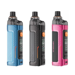 Vaporesso Armour GS Pod Vape Kit in blue, black, and pink, showing display and controls.