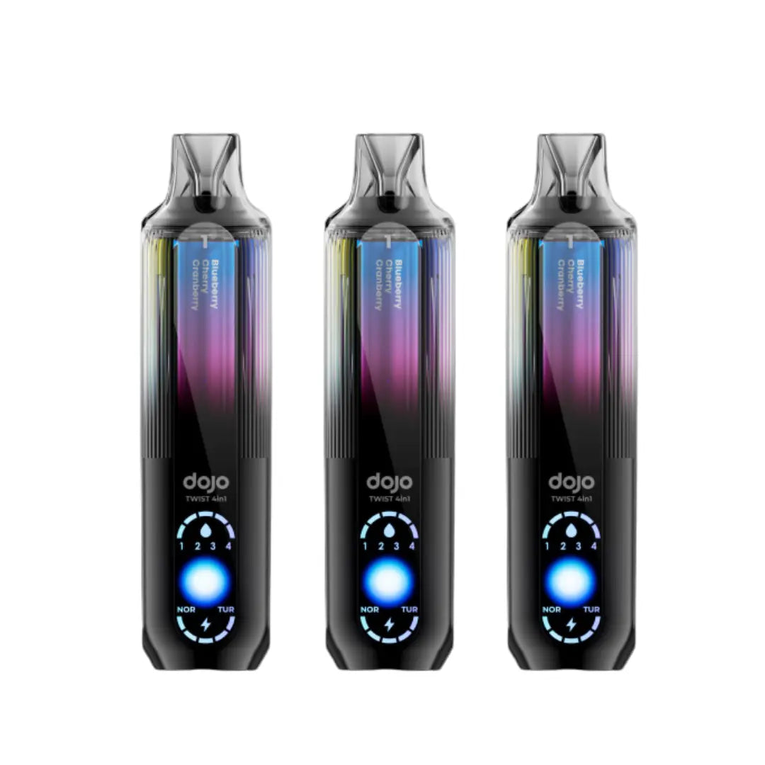 Image displaying three Vaporesso Dojo Twist 4-in-1 vape kits with vibrant prefilled pods, showcasing sleek design, flavour options, and intuitive LED control interface