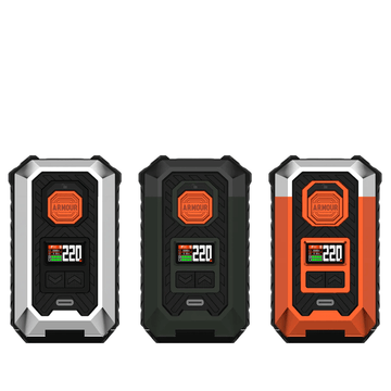 Three Vaporesso Armour Max Box Mods in silver, black, and orange, each displaying 220 watts.