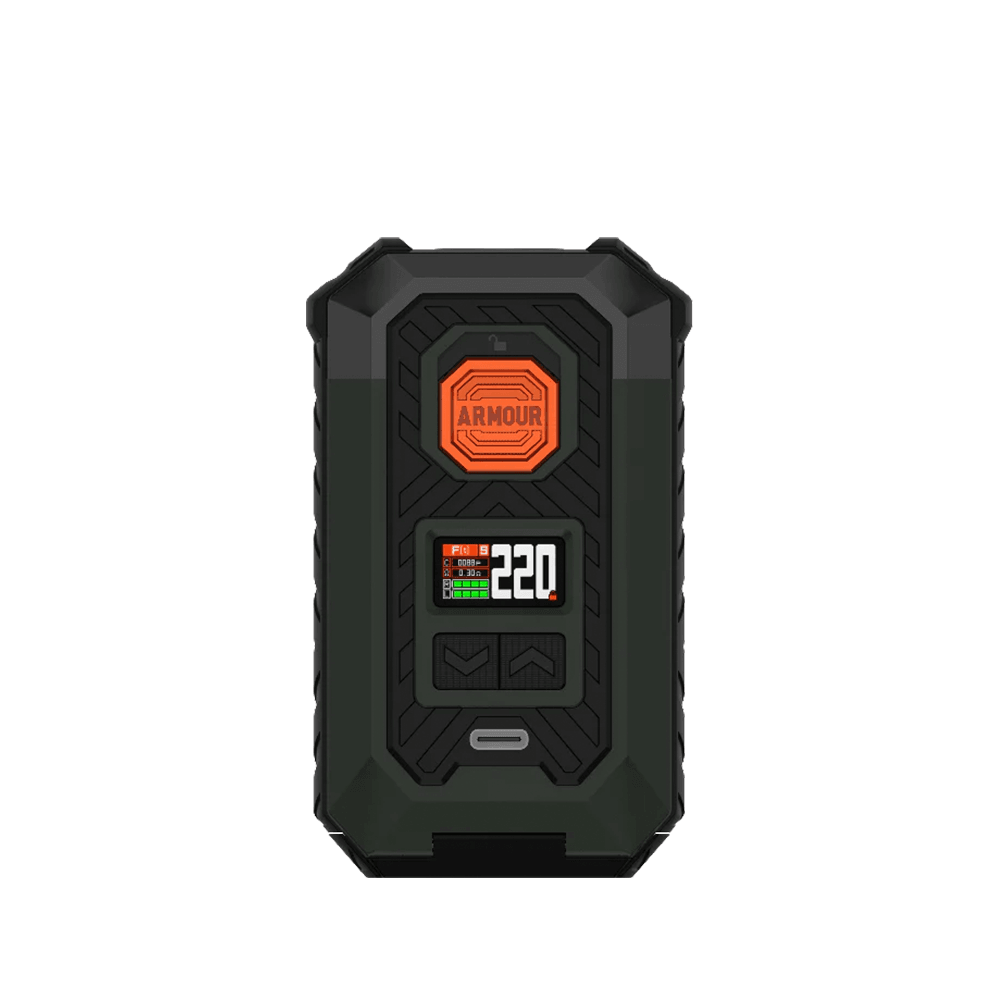 Vaporesso Armour Max Box Mod with digital display, black and orange design.