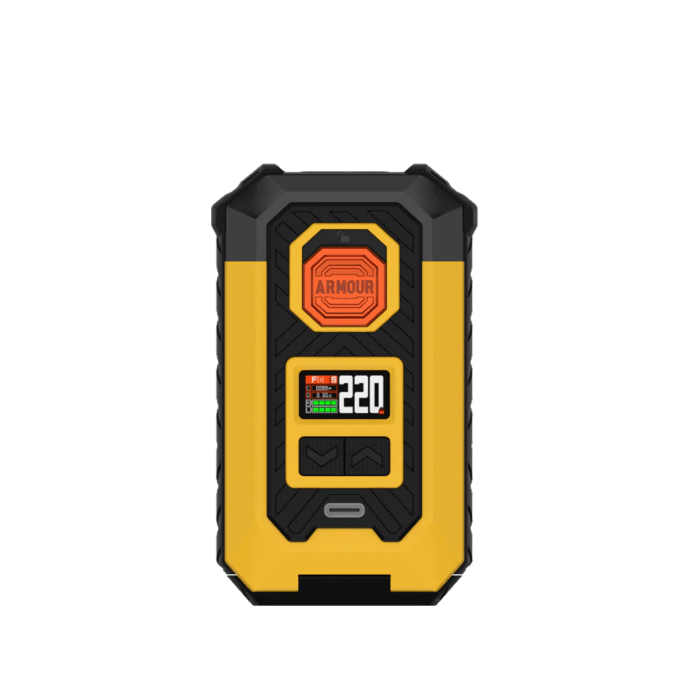 Vaporesso Armour Max Box Mod in yellow and black with digital display, available at eCigOne UK.