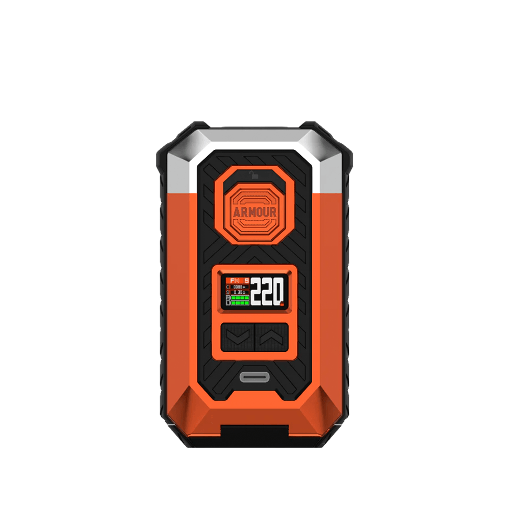 Vaporesso Armour Max Box Mod in orange and black, displaying a digital screen with 220W output.