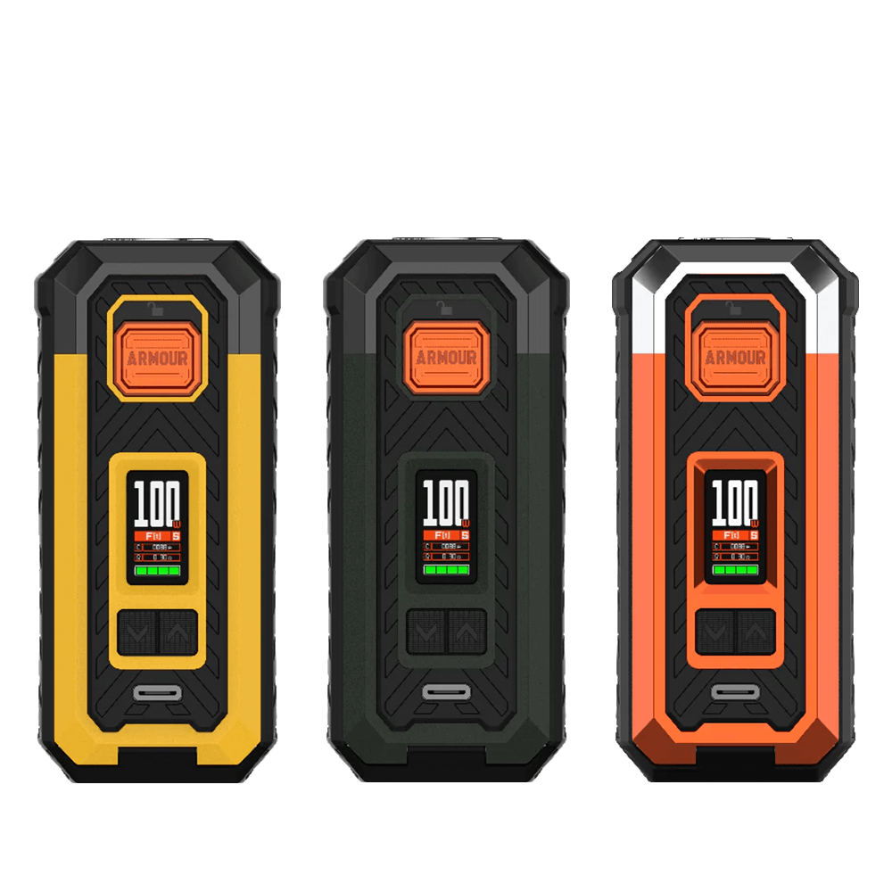 Three Vaporesso Armour S box mods in yellow, black, and orange with digital displays.