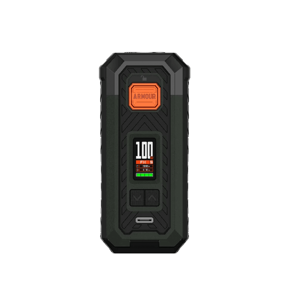 Vaporesso Armour S Box Mod with digital display, black design, shown from the front.