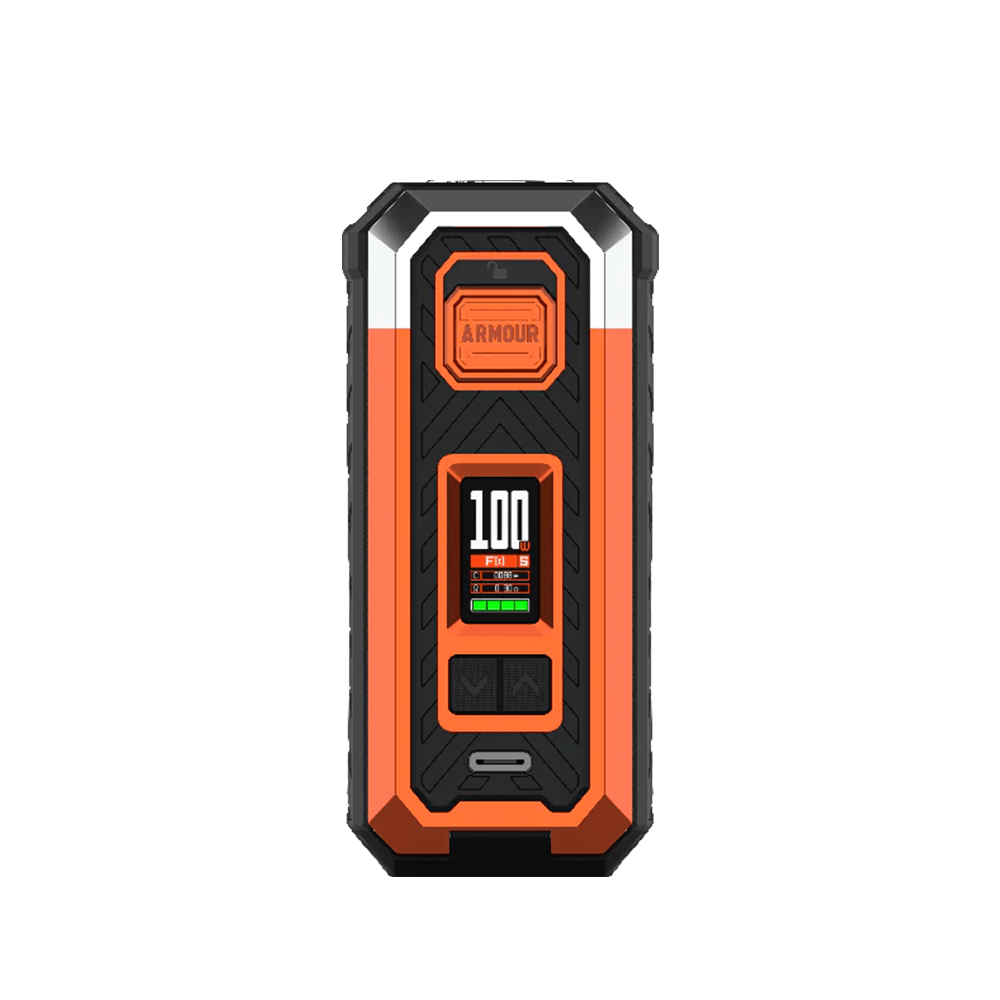 Vaporesso Armour S Box Mod in orange and black with digital display.