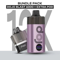 A Vaporesso Dojo Blast 6000 vape kit bundle pack, featuring the sleek purple device and an extra pod. The image showcases the modern design, digital display, and branding for a high-capacity 12K puff vaping experience.