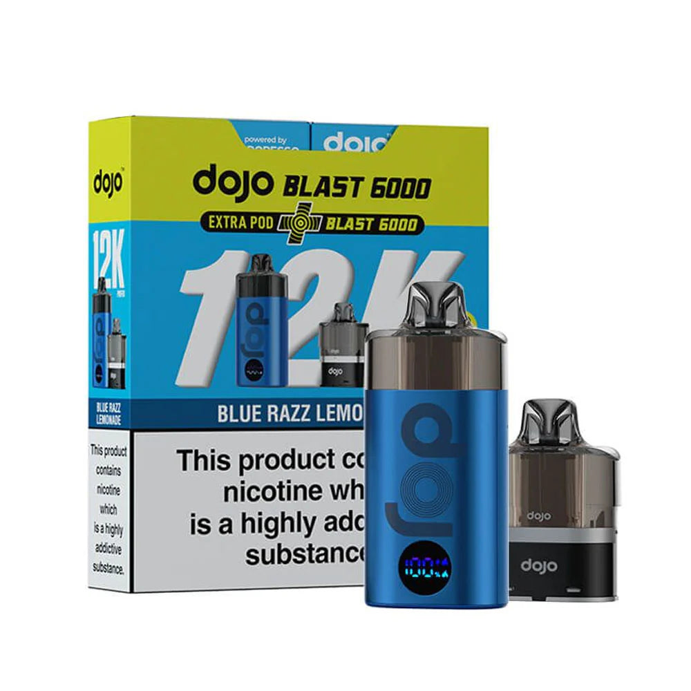 A Vaporesso Dojo Blast 6000 vape device and its bundle pack, featuring the Blue Razz Lemonade flavour. The image highlights the sleek blue design of the device, an extra pod, and the branding of the 12K puff capacity on the packaging.