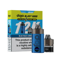 A Vaporesso Dojo Blast 6000 vape device and its bundle pack, featuring the Blue Razz Lemonade flavour. The image highlights the sleek blue design of the device, an extra pod, and the branding of the 12K puff capacity on the packaging.