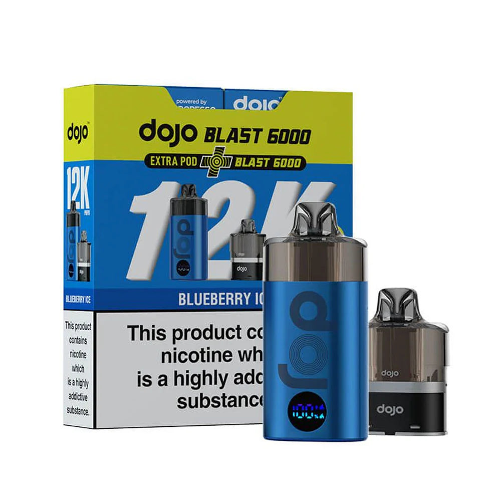 A Vaporesso Dojo Blast 6000 vape device and its bundle pack, featuring the Blueberry Ice flavour. The image highlights the sleek blue design of the device, an extra pod, and the branding of the 12K puff capacity on the packaging.