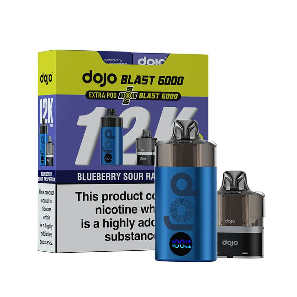 A Vaporesso Dojo Blast 6000 vape device and its bundle pack, featuring the Blue Sour Raspberry flavour. The image highlights the sleek blue design of the device, an extra pod, and the branding of the 12K puff capacity on the packaging.