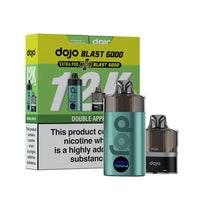 A Vaporesso Dojo Blast 6000 vape device and its bundle pack, featuring the Double Apple flavour. The image highlights the sleek blue design of the device, an extra pod, and the branding of the 12K puff capacity on the packaging.