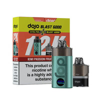 A Vaporesso Dojo Blast 6000 vape device and its bundle pack, featuring the Kiwi Passion Fruit Guava flavour. The image highlights the sleek blue design of the device, an extra pod, and the branding of the 12K puff capacity on the packaging.