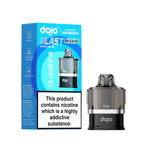 An image displaying the Vaporesso Dojo Blast 6000 prefilled pod in the Blueberry Ice flavour. The packaging emphasises features such as mesh coil technology, a transparent liquid tank, and TPD compliance, with the pod clearly shown for convenience and sleek design.