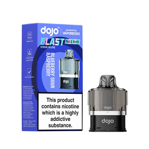 An image displaying the Vaporesso Dojo Blast 6000 prefilled pod in the Blueberry Sour Raspberry flavour. The packaging emphasises features such as mesh coil technology, a transparent liquid tank, and TPD compliance, with the pod clearly shown for convenience and sleek design.