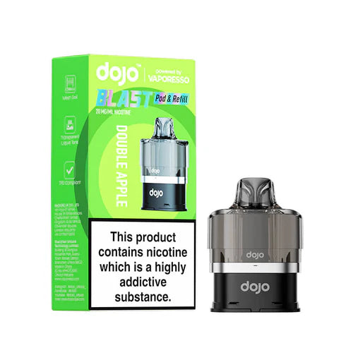 An image displaying the Vaporesso Dojo Blast 6000 prefilled pod in the  
Double Apple flavour. The packaging emphasises features such as mesh coil technology, a transparent liquid tank, and TPD compliance, with the pod clearly shown for convenience and sleek design.