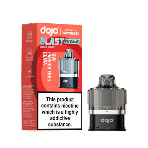 An image displaying the Vaporesso Dojo Blast 6000 prefilled pod in the Kiwi Passion Fruit Guava flavour. The packaging emphasises features such as mesh coil technology, a transparent liquid tank, and TPD compliance, with the pod clearly shown for convenience and sleek design.