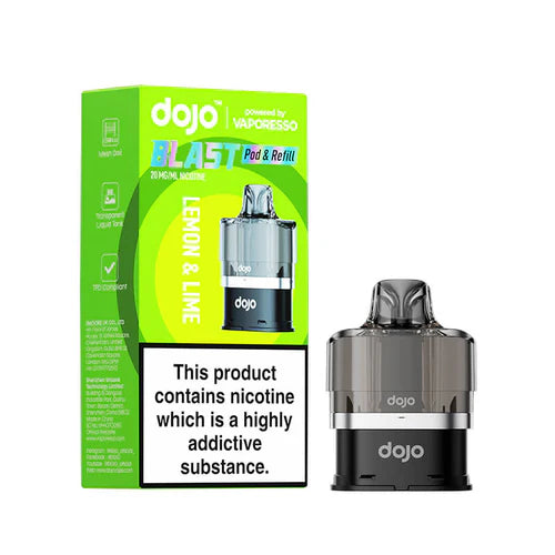 An image displaying the Vaporesso Dojo Blast 6000 prefilled pod in the Lemon & Lime flavour. The packaging emphasises features such as mesh coil technology, a transparent liquid tank, and TPD compliance, with the pod clearly shown for convenience and sleek design.