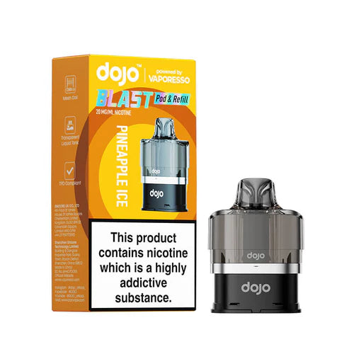 An image displaying the Vaporesso Dojo Blast 6000 prefilled pod in the Pineapple Ice flavour. The packaging emphasises features such as mesh coil technology, a transparent liquid tank, and TPD compliance, with the pod clearly shown for convenience and sleek design.