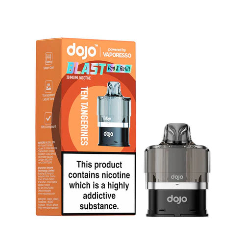 An image displaying the Vaporesso Dojo Blast 6000 prefilled pod in the Ten Tangerines flavour. The packaging emphasises features such as mesh coil technology, a transparent liquid tank, and TPD compliance, with the pod clearly shown for convenience and sleek design.