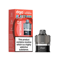 An image displaying the Vaporesso Dojo Blast 6000 prefilled pod in the Watermelon Ice flavour. The packaging emphasises features such as mesh coil technology, a transparent liquid tank, and TPD compliance, with the pod clearly shown for convenience and sleek design.