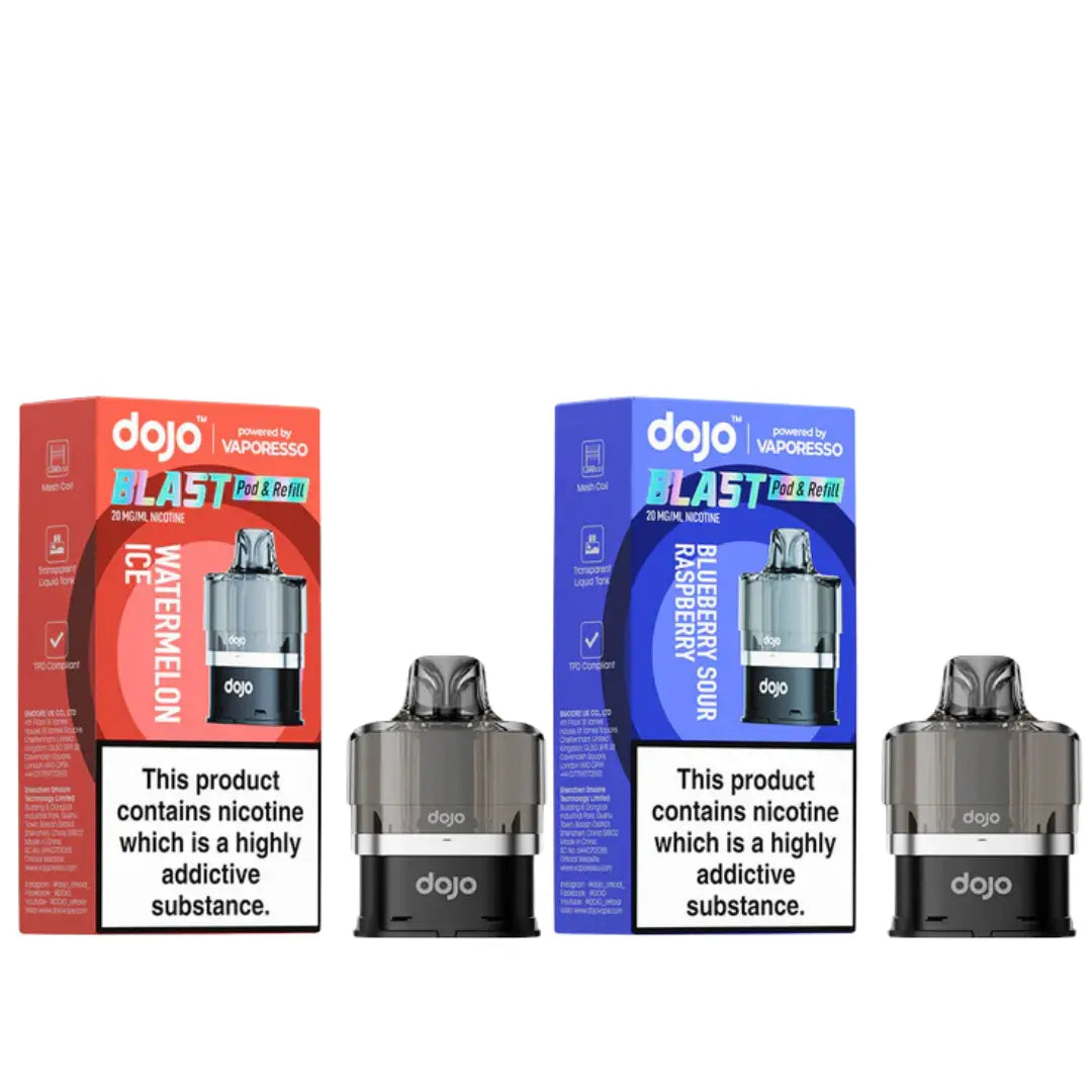 An image showcasing Vaporesso Dojo Blast 6000 prefilled pods in Watermelon Ice and Blueberry Sour Raspberry flavours. The packaging highlights key features, including TPD compliance, mesh coil technology, and transparent liquid tanks, with visible pods emphasizing convenience and flavour variety.