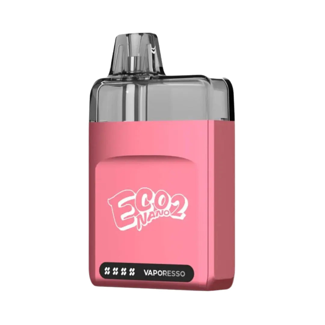 Vaporesso Eco Nano 2 Pod Vape Kit in Blossom Pink finish. The compact device features a transparent pod on top, Eco Nano 2 branding in white, and Vaporesso logo at the bottom, highlighting its minimalist and modern design.