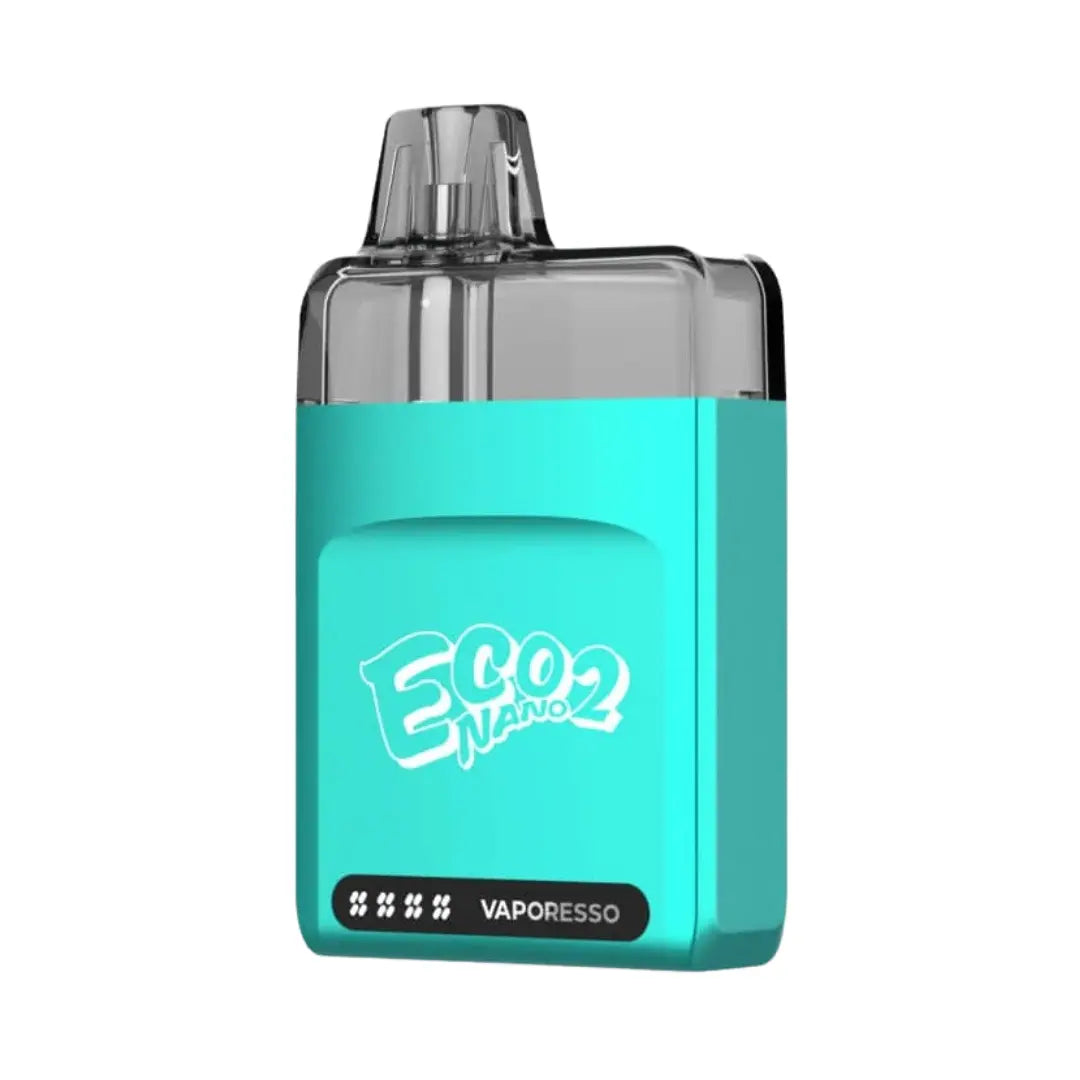 Vaporesso Eco Nano 2 Pod Vape Kit in Cali Blue finish. The compact device features a transparent pod on top, Eco Nano 2 branding in white, and Vaporesso logo at the bottom, highlighting its minimalist and modern design.