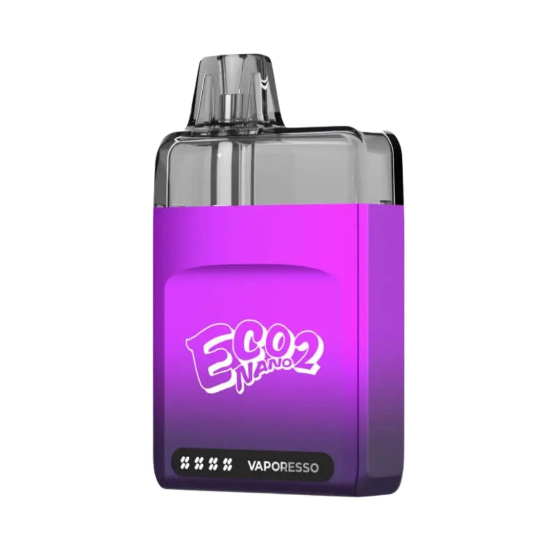 Vaporesso Eco Nano 2 Pod Vape Kit in Mistic Purple finish. The compact device features a transparent pod on top, Eco Nano 2 branding in white, and Vaporesso logo at the bottom, highlighting its minimalist and modern design.