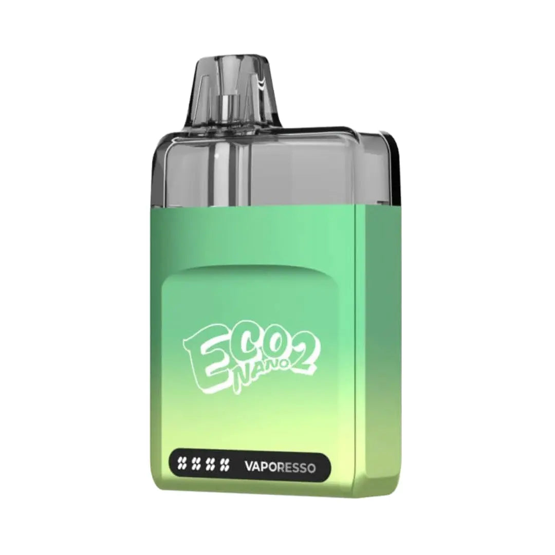 Vaporesso Eco Nano 2 Pod Vape Kit in Misty Green Finish. The compact device features a transparent pod on top, Eco Nano 2 branding in white, and Vaporesso logo at the bottom, highlighting its minimalist and modern design.