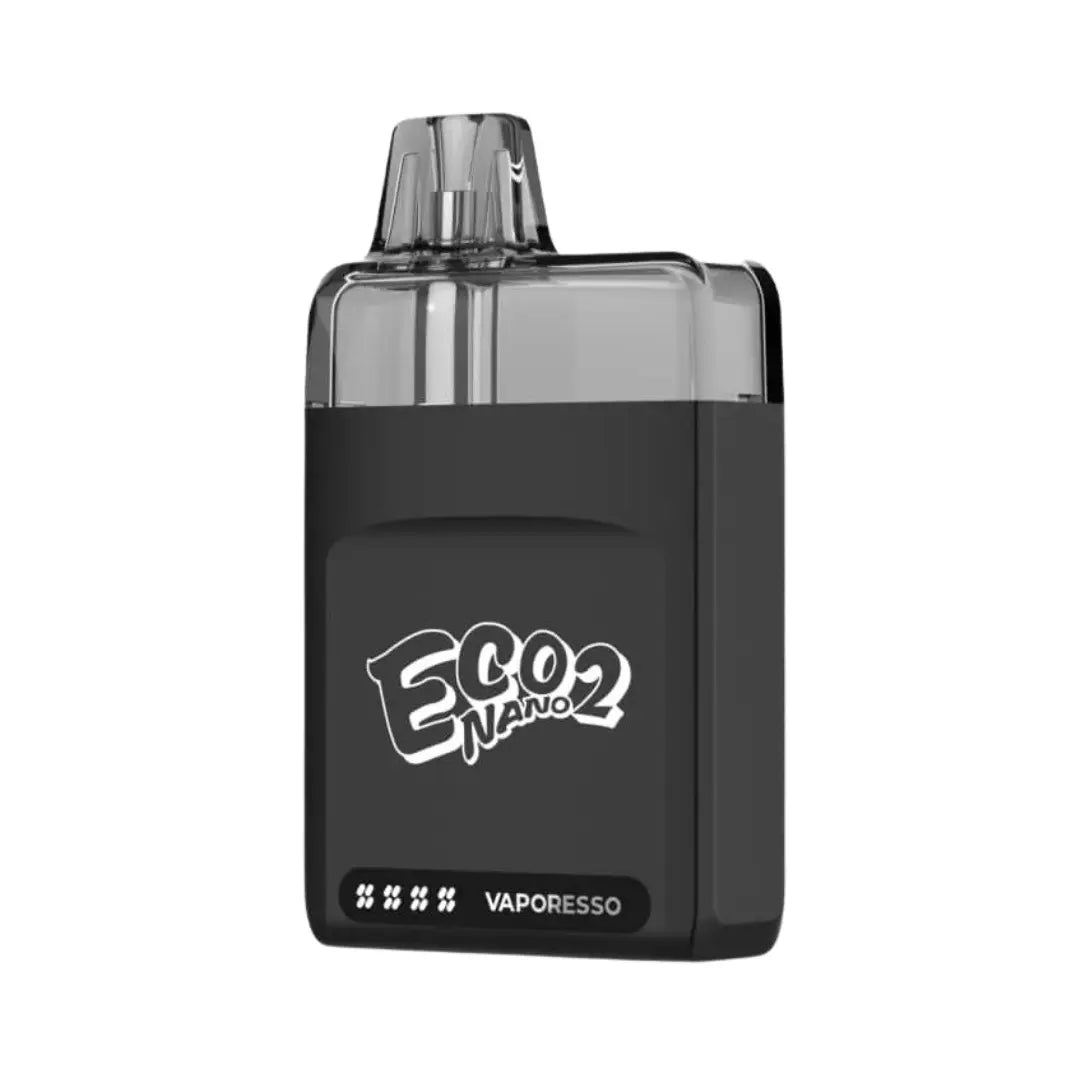 Vaporesso Eco Nano 2 Pod Vape Kit in sleek black ("Night Dark") finish. The compact device features a transparent pod on top, Eco Nano 2 branding in white, and Vaporesso logo at the bottom, highlighting its minimalist and modern design.