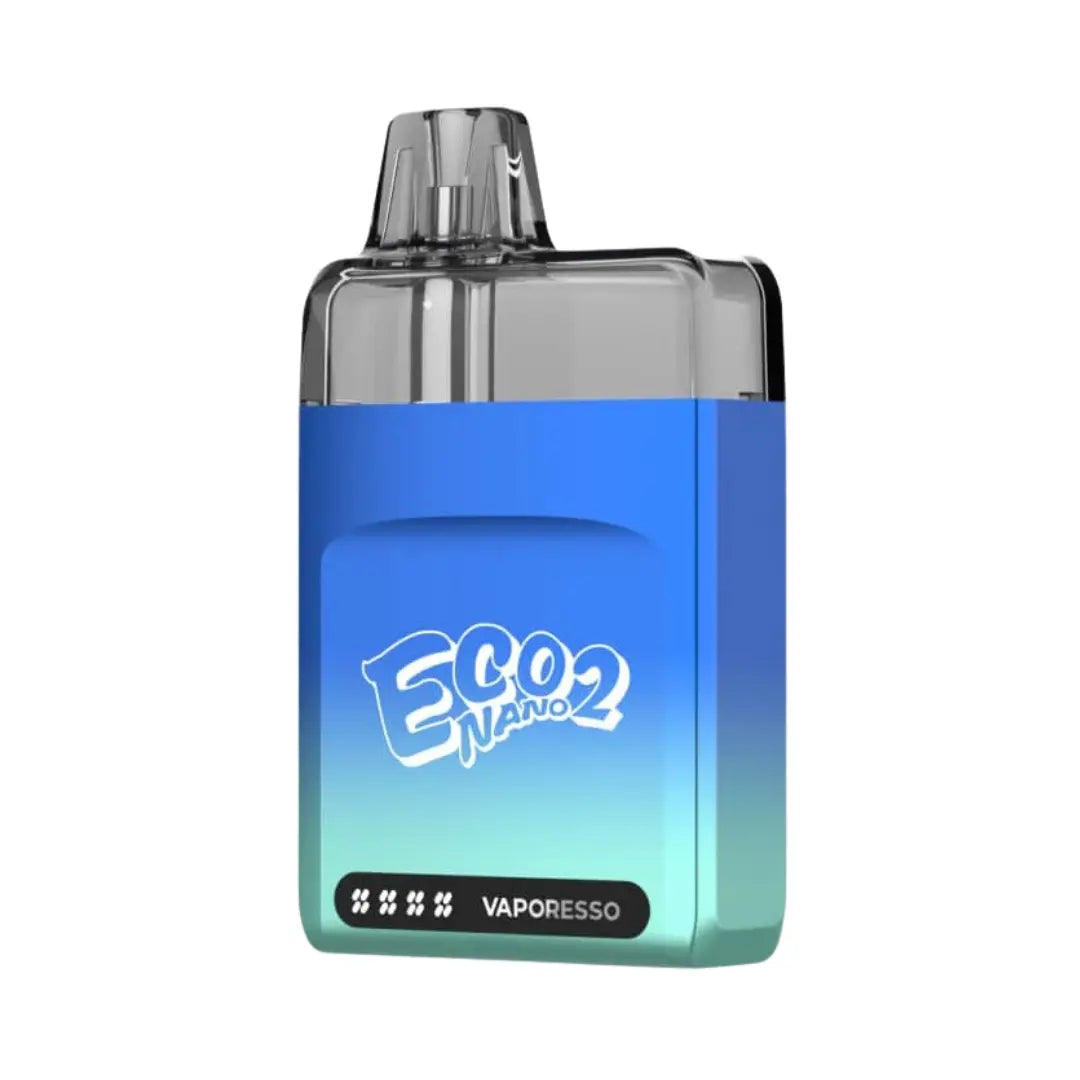 Vaporesso Eco Nano 2 Pod Vape Kit in Sky Blue finish. The compact device features a transparent pod on top, Eco Nano 2 branding in white, and Vaporesso logo at the bottom, highlighting its minimalist and modern design.