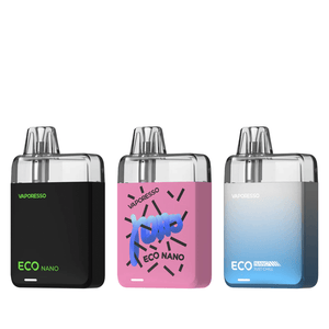 Three Vaporesso ECO Nano Pod Kits in black, pink, and blue displayed side by side.
