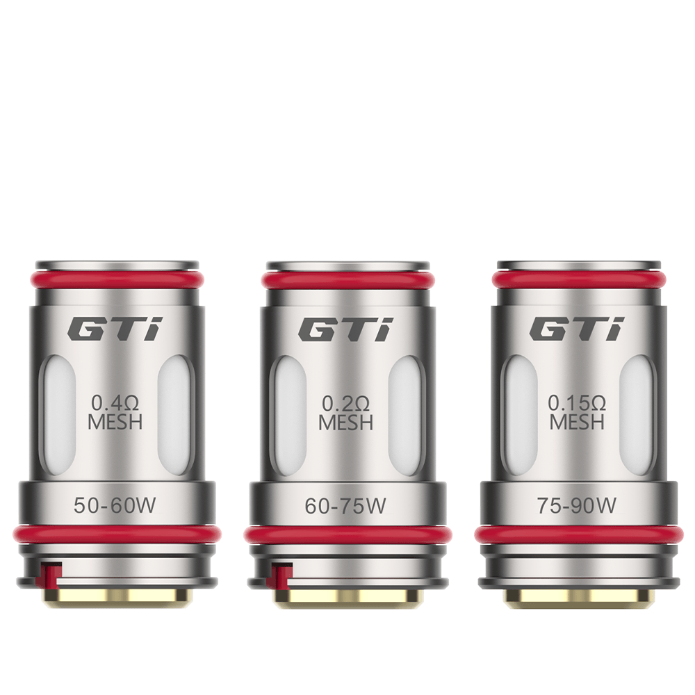 Vaporesso GTi replacement coils in 0.4, 0.2, and 0.15 ohm, with wattage ratings displayed.