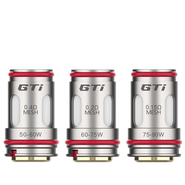 Vaporesso GTi replacement coils in 0.4, 0.2, and 0.15 ohm, with wattage ratings displayed.