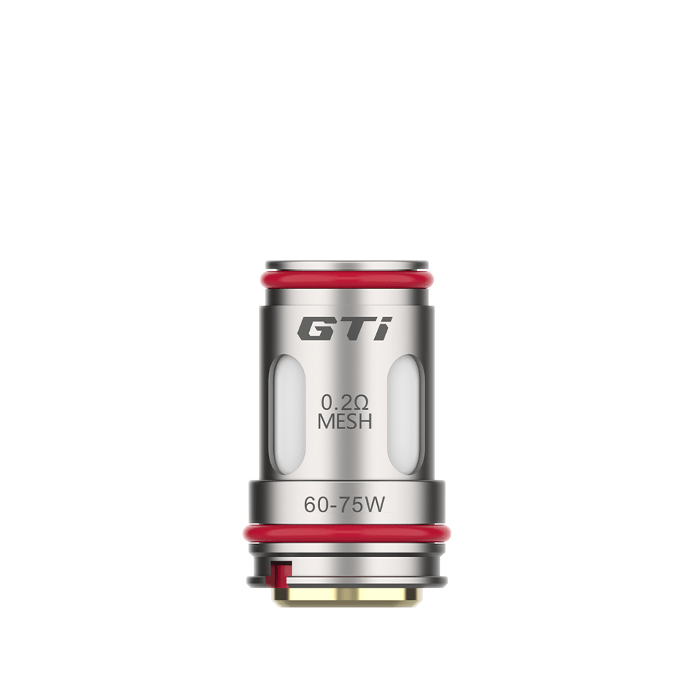 Vaporesso GTi replacement coil, 0.2Ω mesh, 60-75W range, silver with red accents.