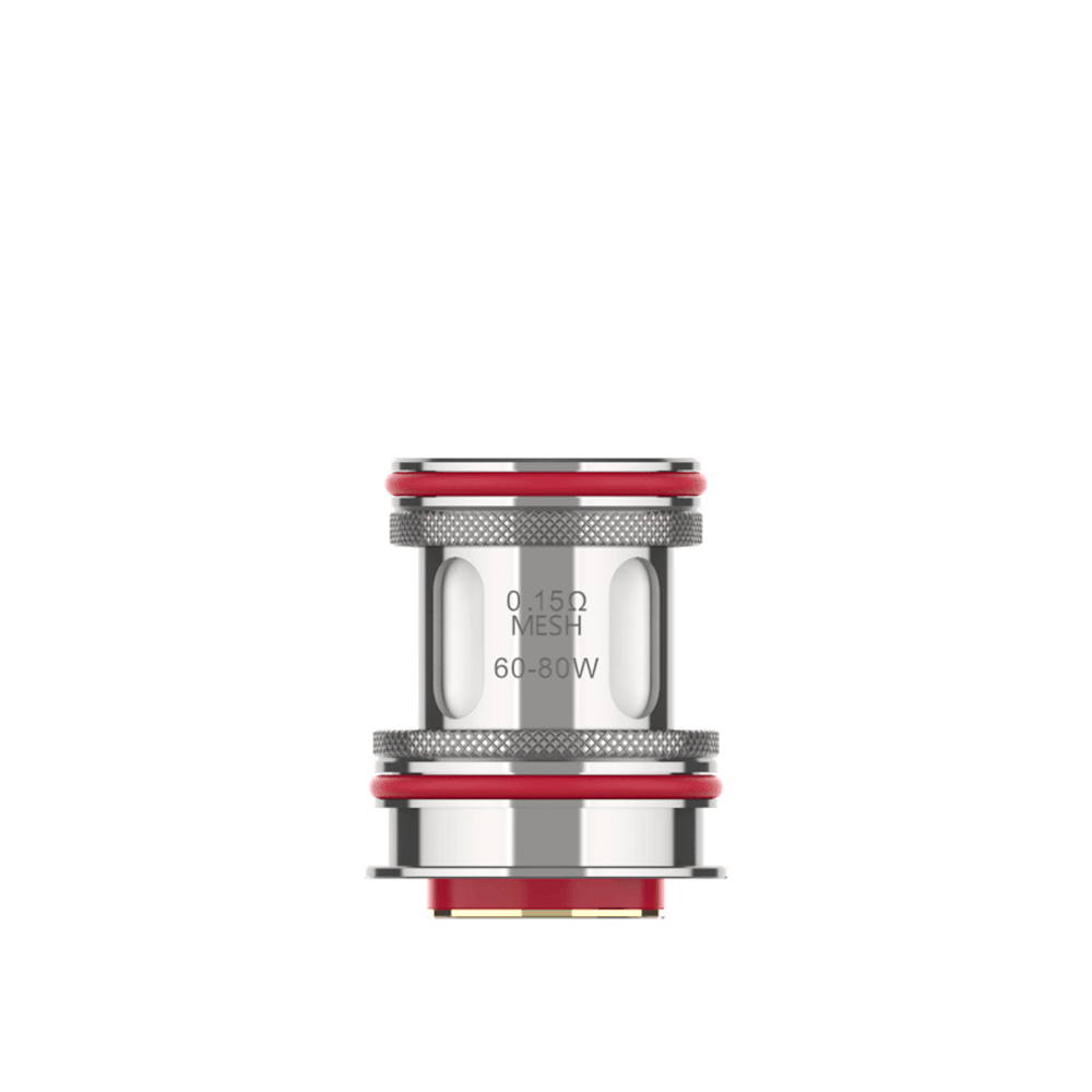 Vaporesso GTR replacement coil, 0.15Ω mesh, 60-80W, silver with red accents.