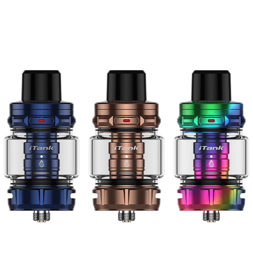 Three Vaporesso iTank 2 vape tanks in blue, bronze, and rainbow colours.